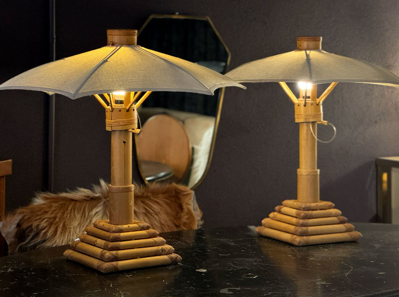 Pair of Bamboo Parasol Lamps, French 1970's