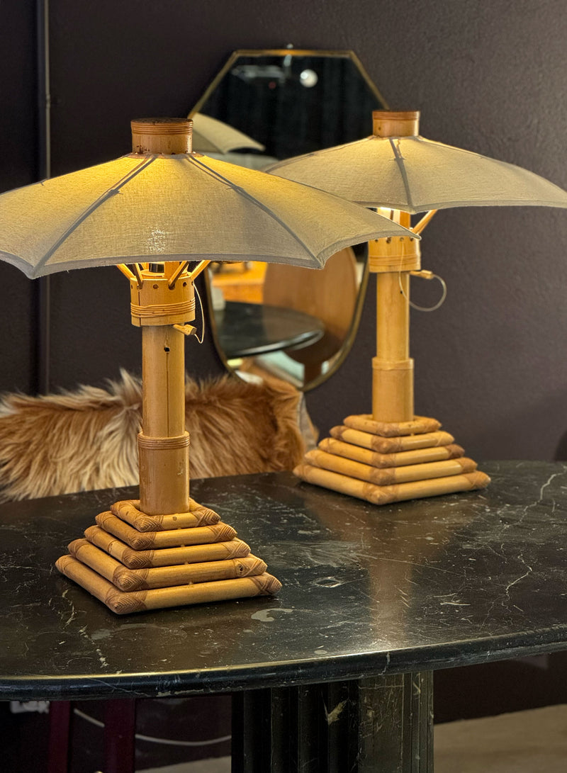Pair of Bamboo Parasol Lamps, French 1970's