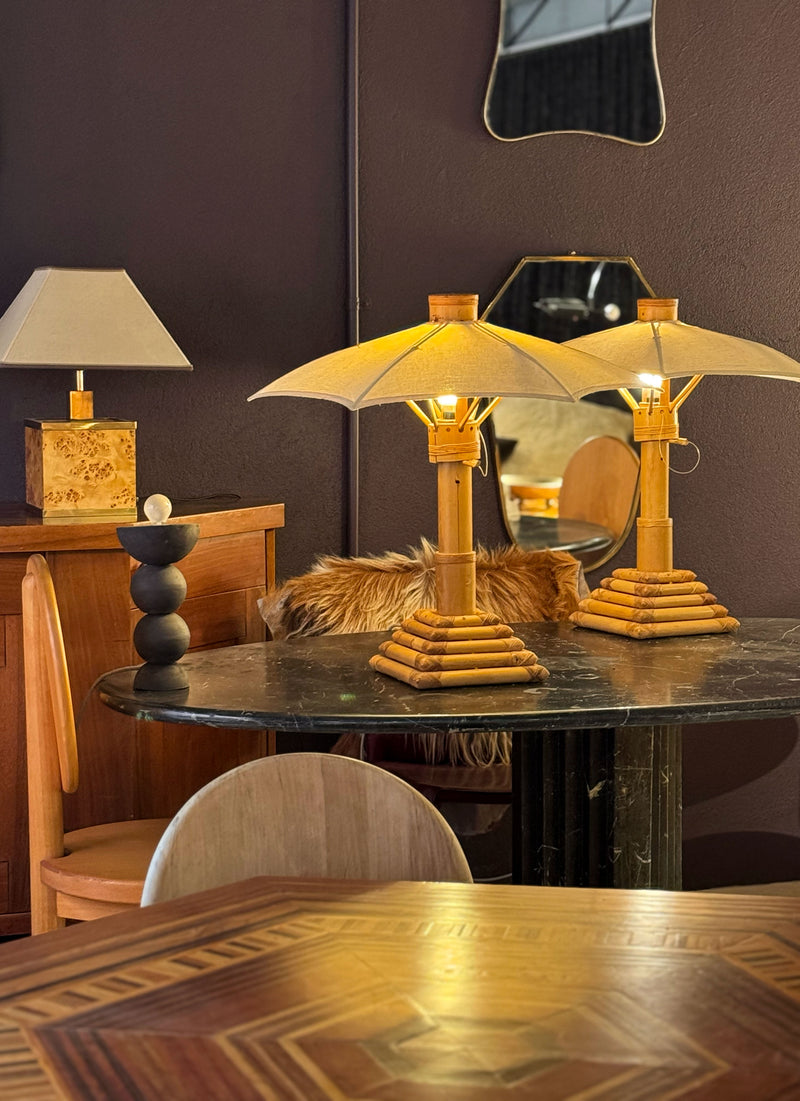 Pair of Bamboo Parasol Lamps, French 1970's