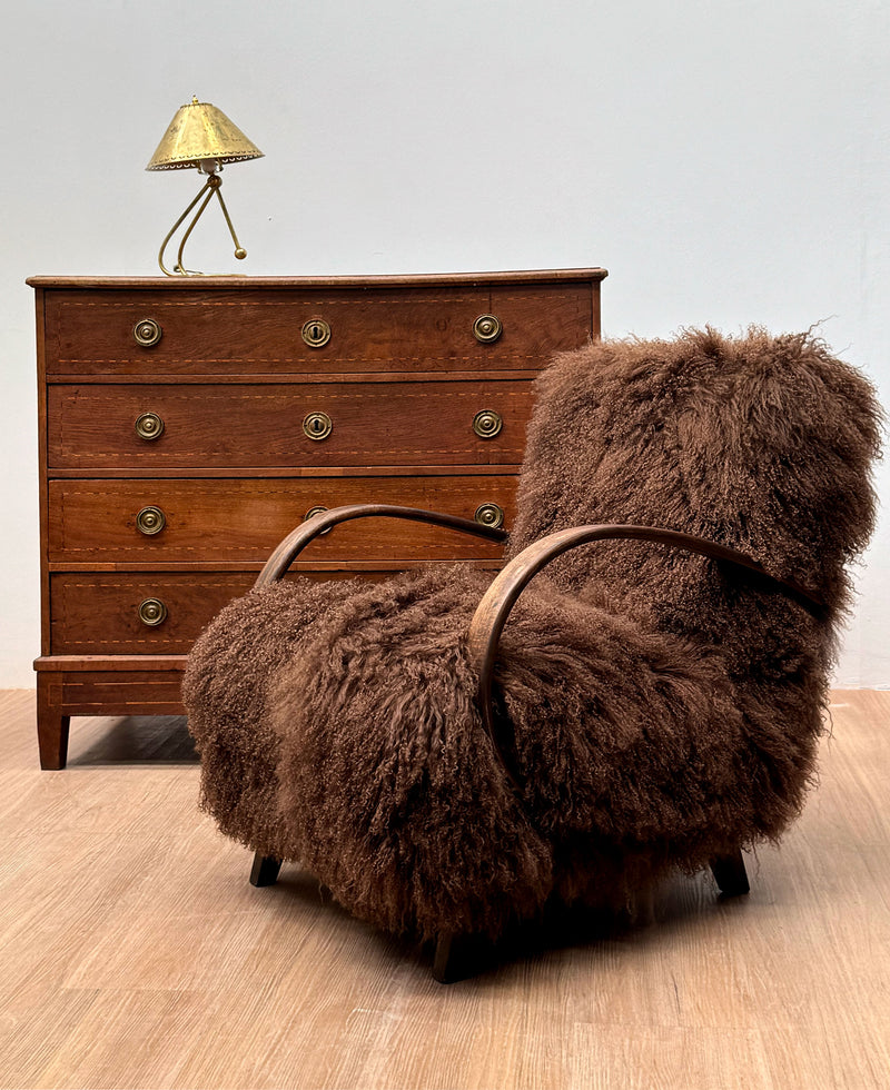 Jindřich Halabala Armchair in Chocolate Tibetan Hide, Czechoslovakia, 1930s