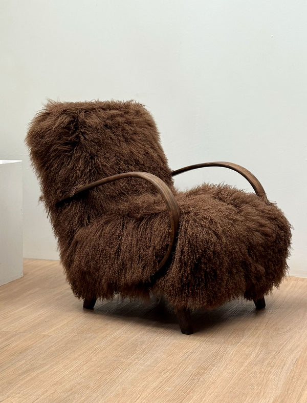 Jindřich Halabala Armchair in Chocolate Tibetan Hide, Czechoslovakia, 1930s