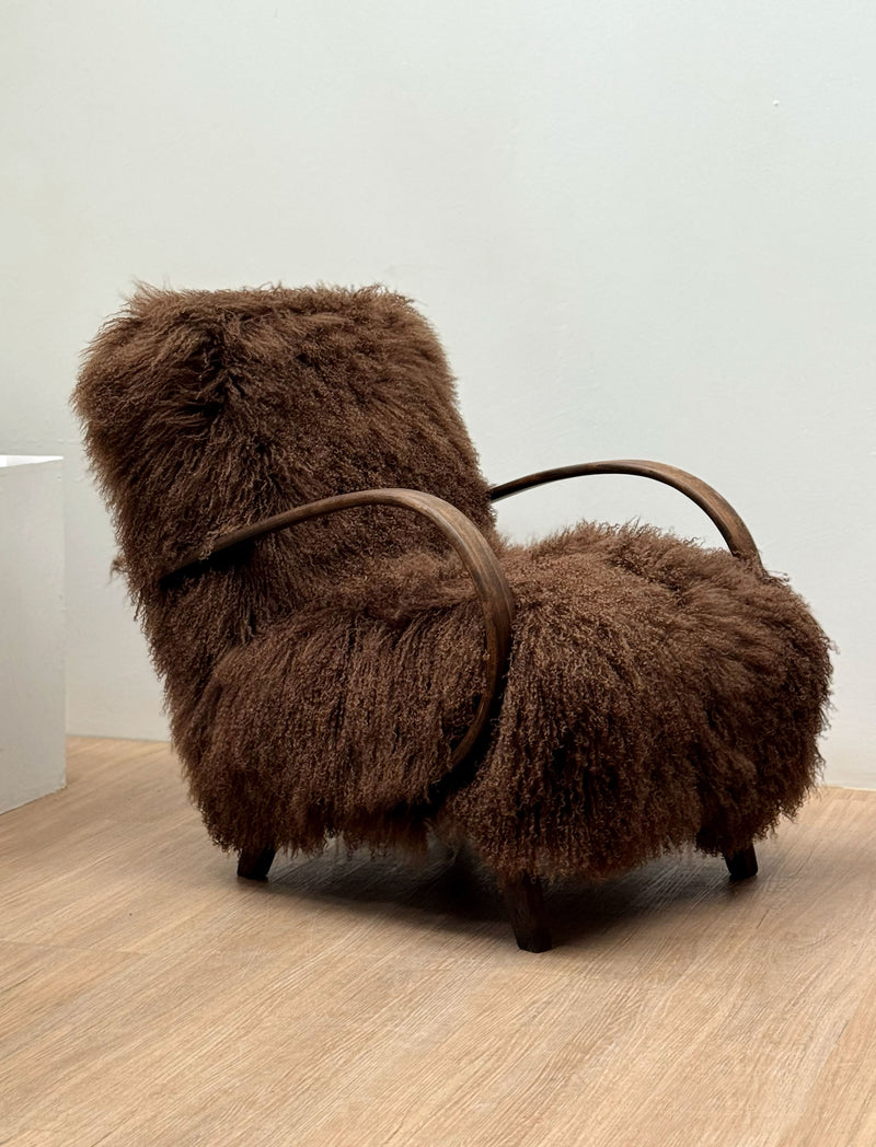 Jindřich Halabala Armchair in Chocolate Tibetan Hide, Czechoslovakia, 1930s