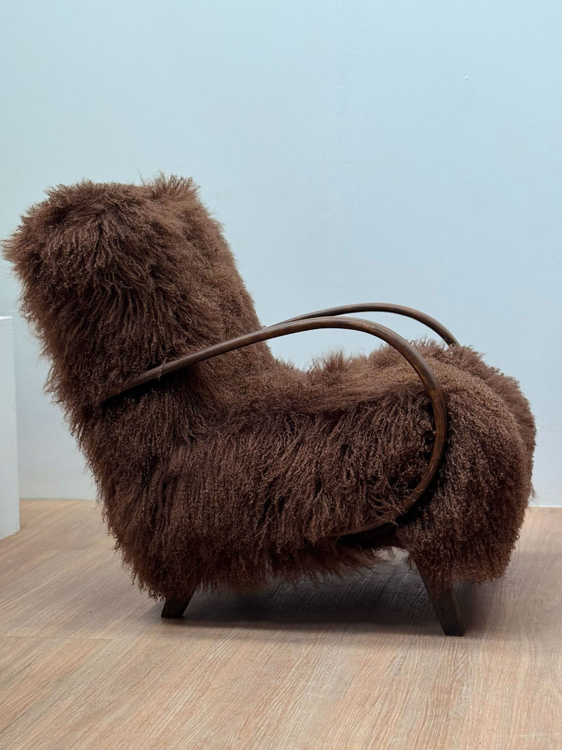 Jindřich Halabala Armchair in Chocolate Tibetan Hide, Czechoslovakia, 1930s