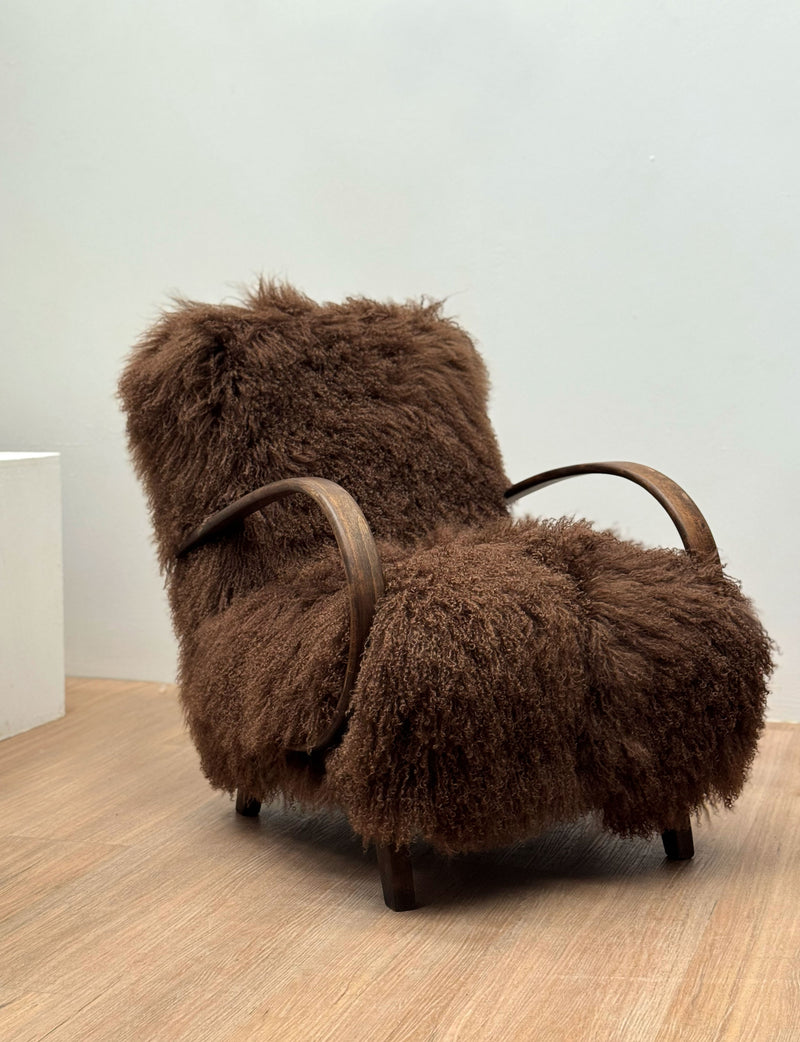 Jindřich Halabala Armchair in Chocolate Tibetan Hide, Czechoslovakia, 1930s
