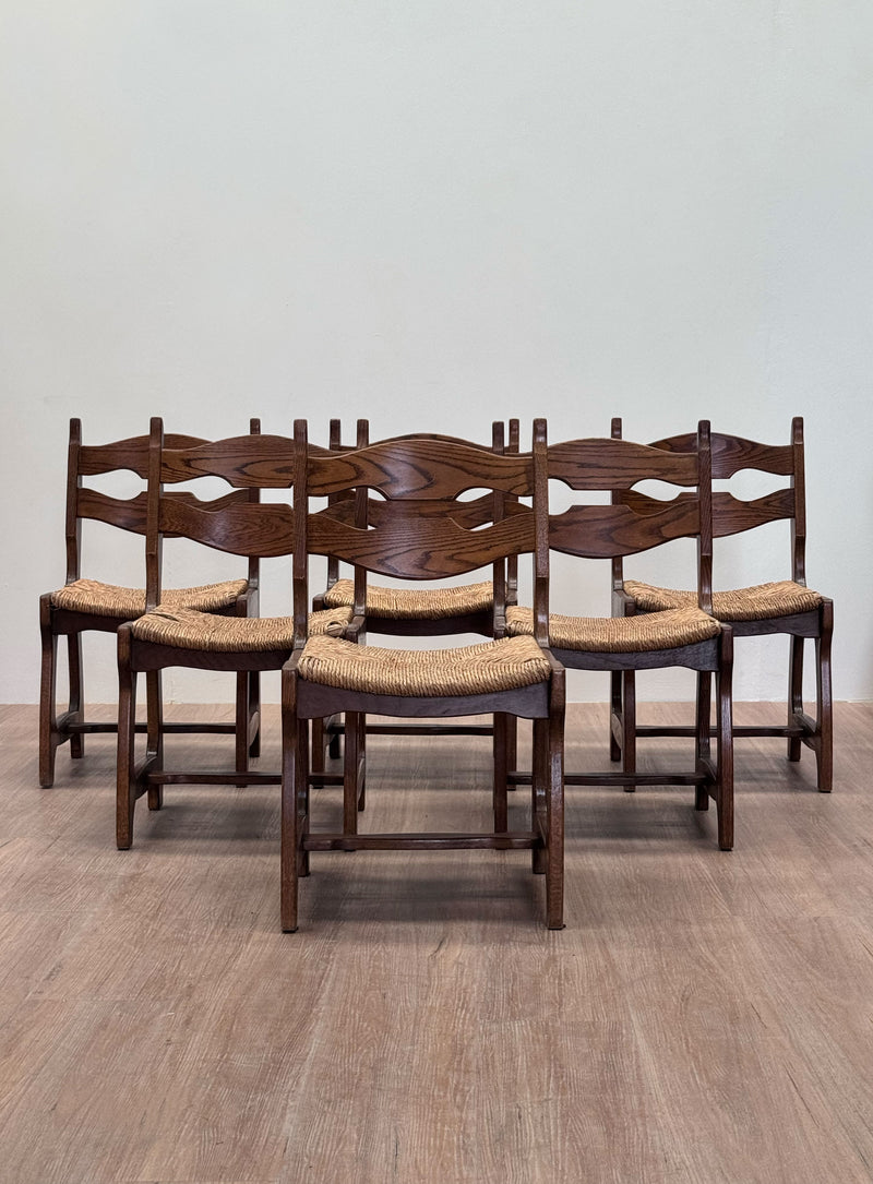 Six Oak Chairs by Guillerme Et Chambron for Votre Maison, France 1950's