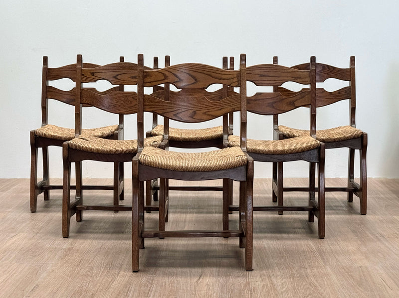Six Oak Chairs by Guillerme Et Chambron for Votre Maison, France 1950's