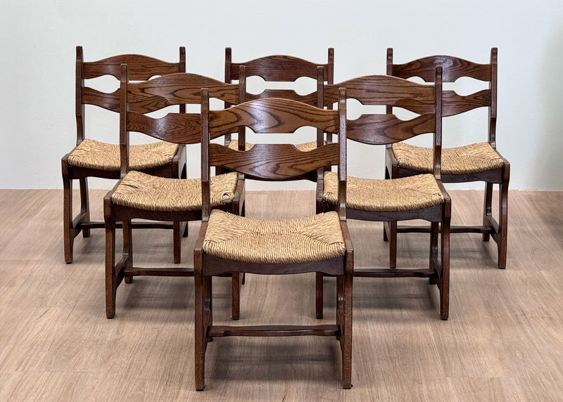 Six Oak Chairs by Guillerme Et Chambron for Votre Maison, France 1950's