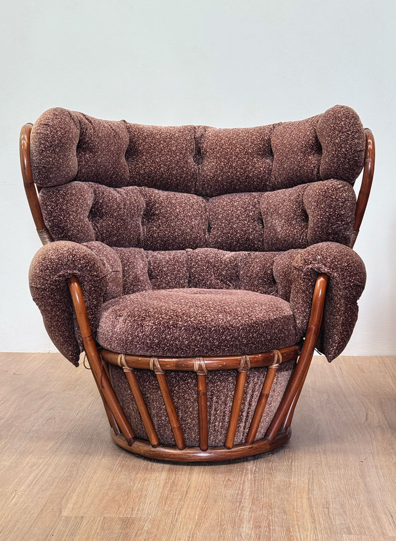 French Bamboo Velvet Lounge Chair, 1970's