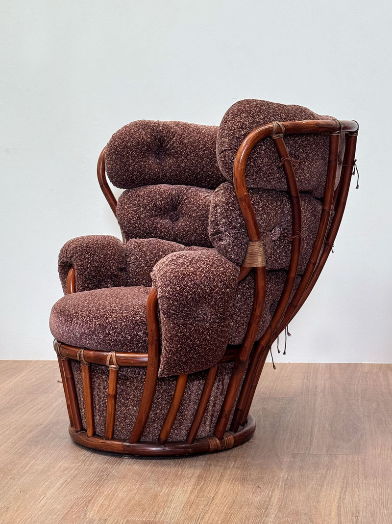 French Bamboo Velvet Lounge Chair, 1970's
