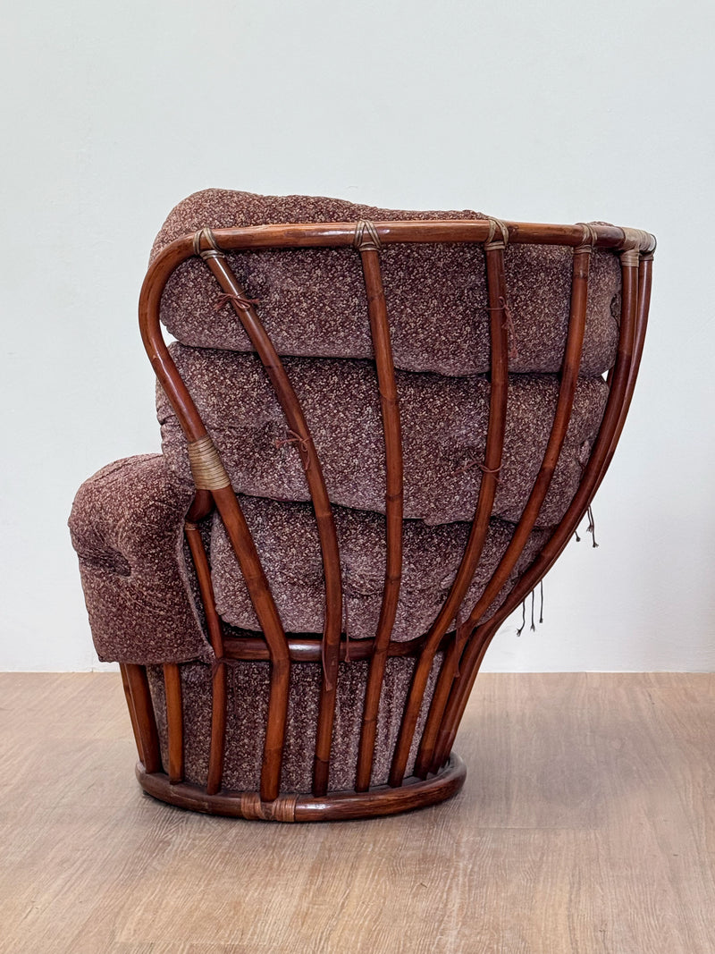 French Bamboo Velvet Lounge Chair, 1970's