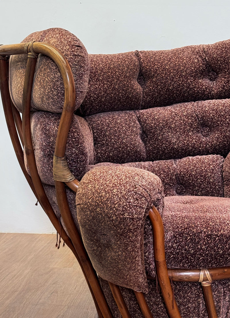 French Bamboo Velvet Lounge Chair, 1970's