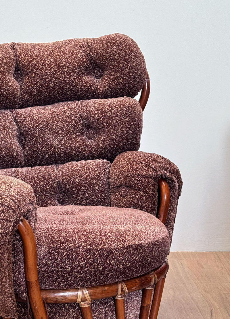 French Bamboo Velvet Lounge Chair, 1970's