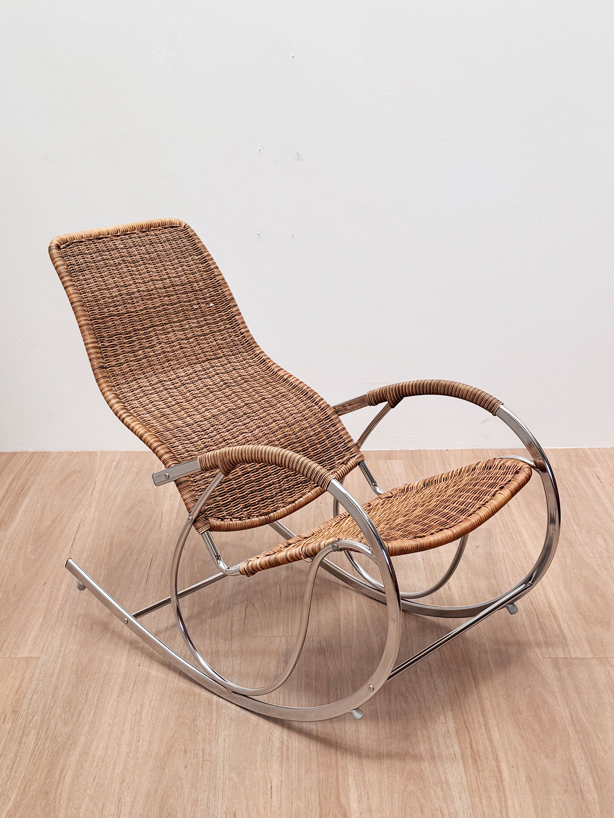 Vintage Wicker & Chrome Rocking Chair, 1970's