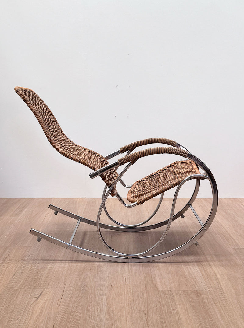 Vintage Wicker & Chrome Rocking Chair, 1970's
