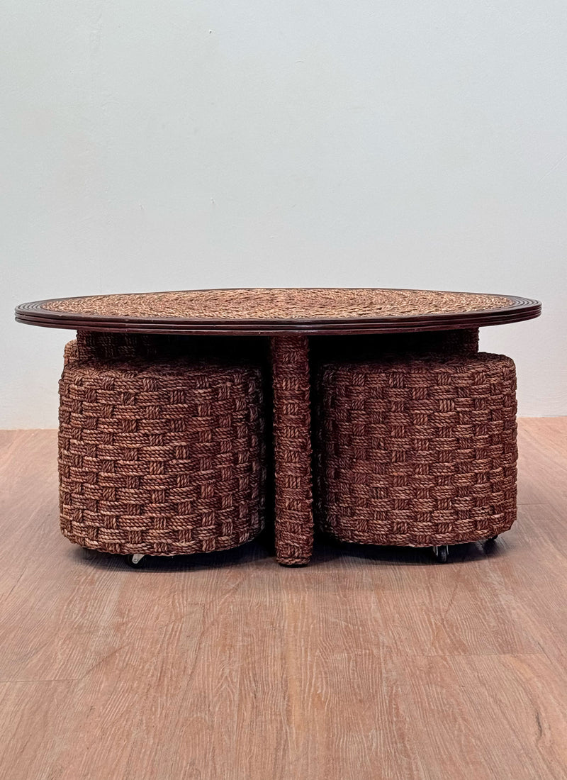 French Rope & Wood Coffee Table with Matching Stools