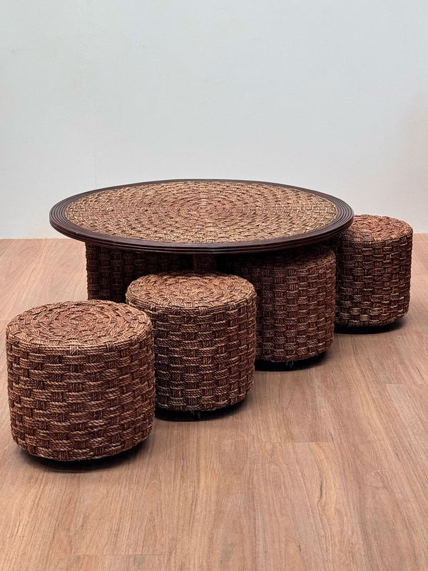 French Rope & Wood Coffee Table with Matching Stools