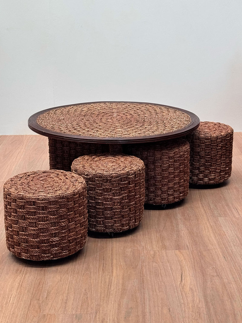 French Rope & Wood Coffee Table with Matching Stools