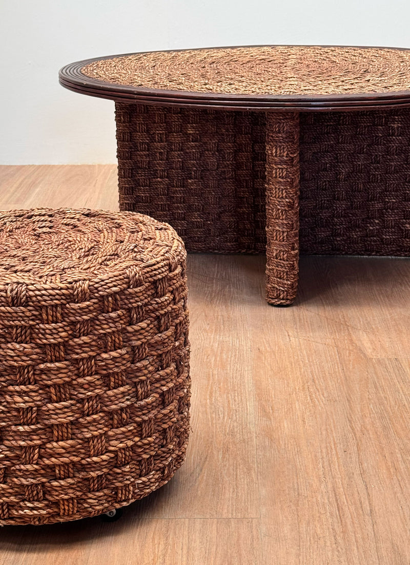 French Rope & Wood Coffee Table with Matching Stools