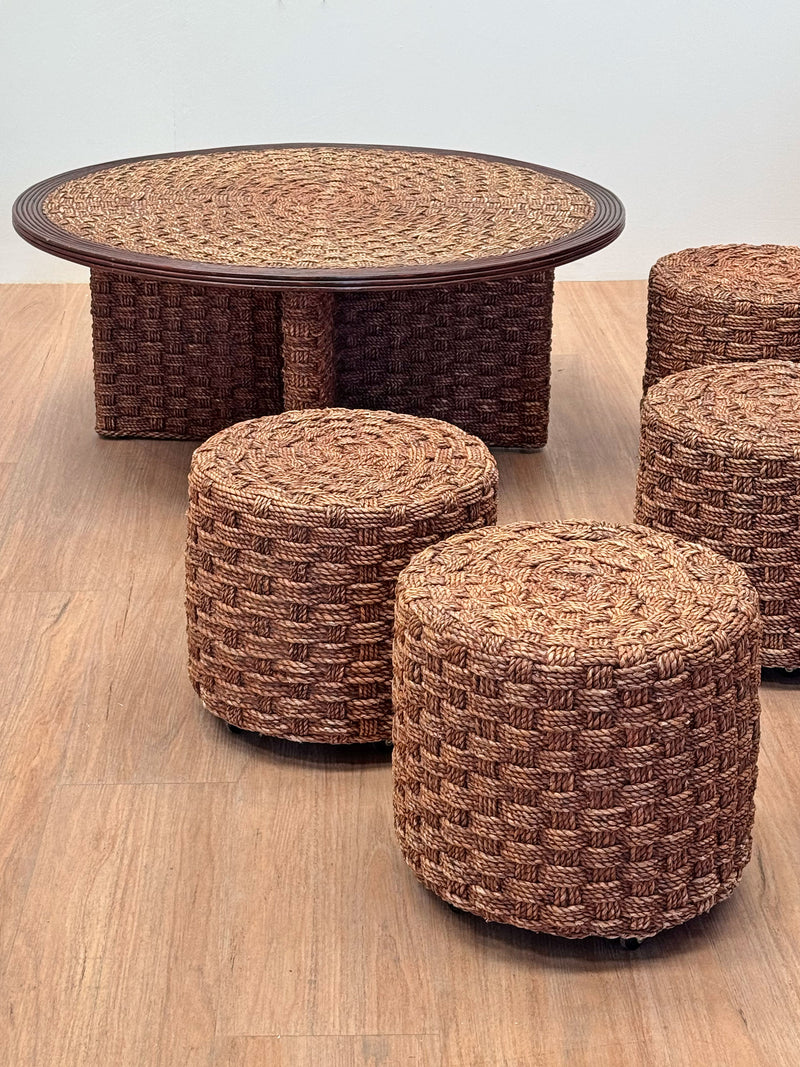 French Rope & Wood Coffee Table with Matching Stools