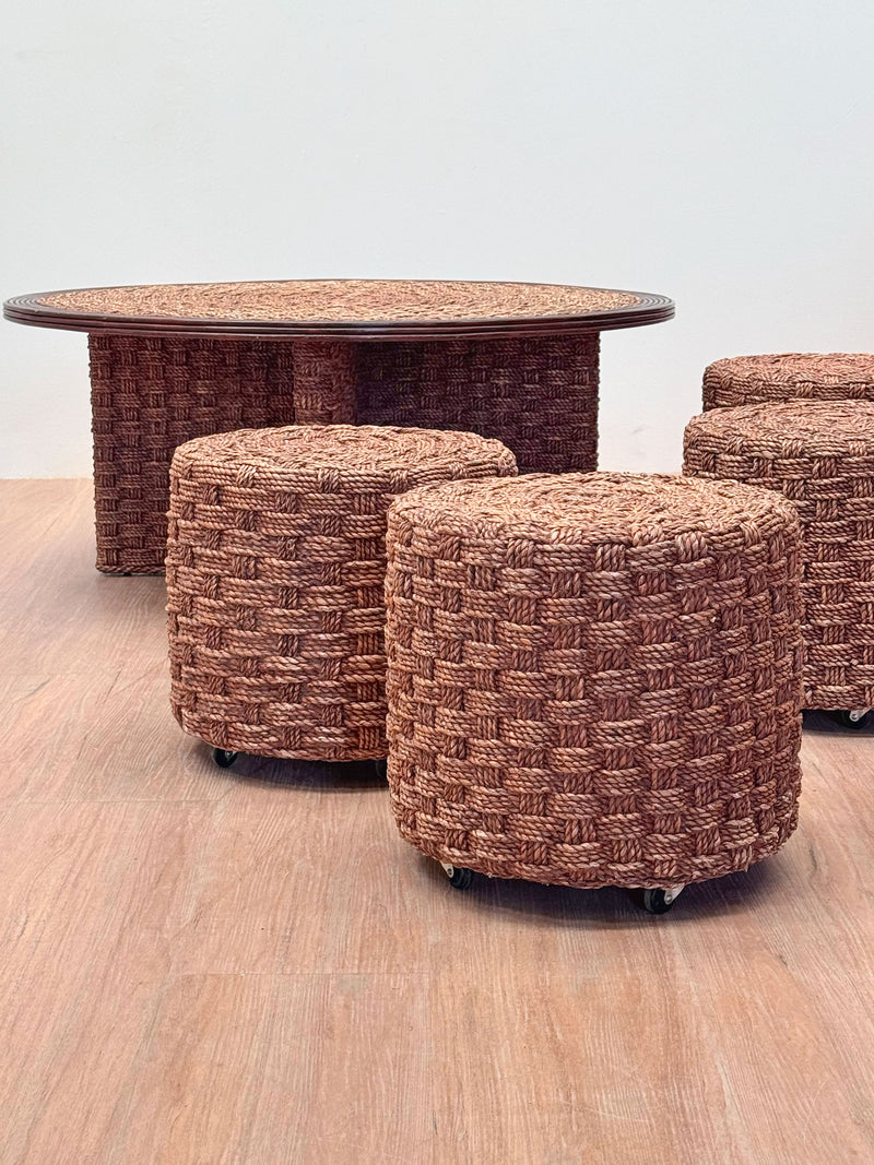 French Rope & Wood Coffee Table with Matching Stools