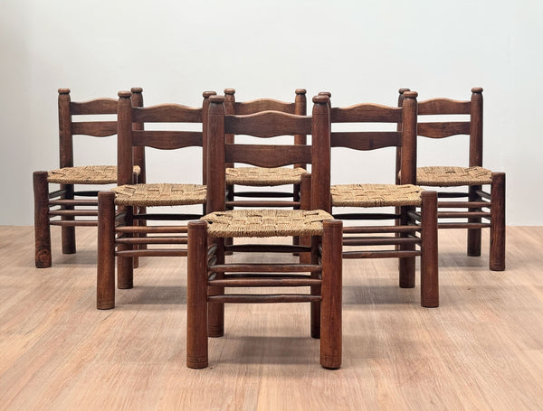 Charles Dudouyt Carved Oak & Rush Chair, France 1940's