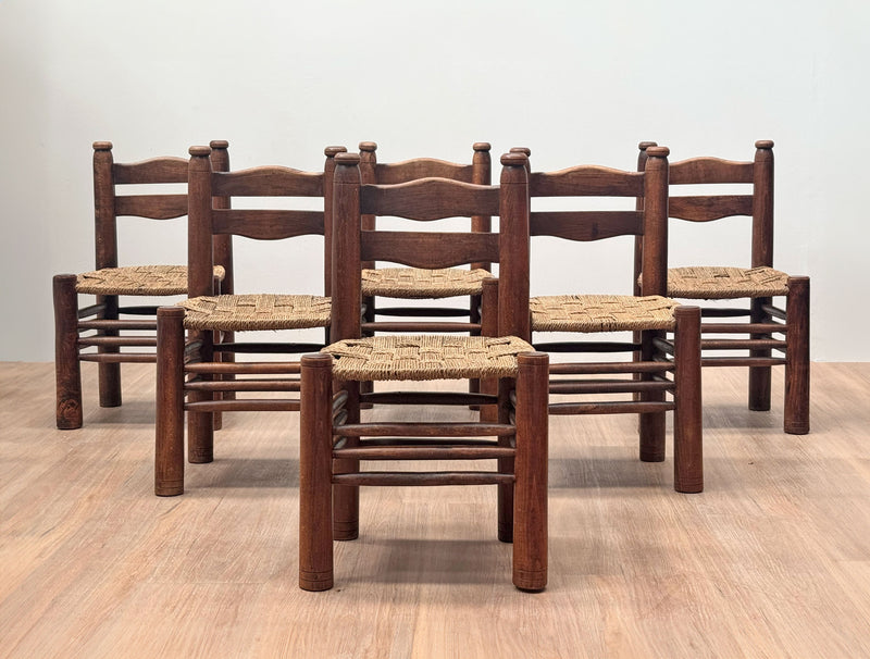 Charles Dudouyt Carved Oak & Rush Chair, France 1940's