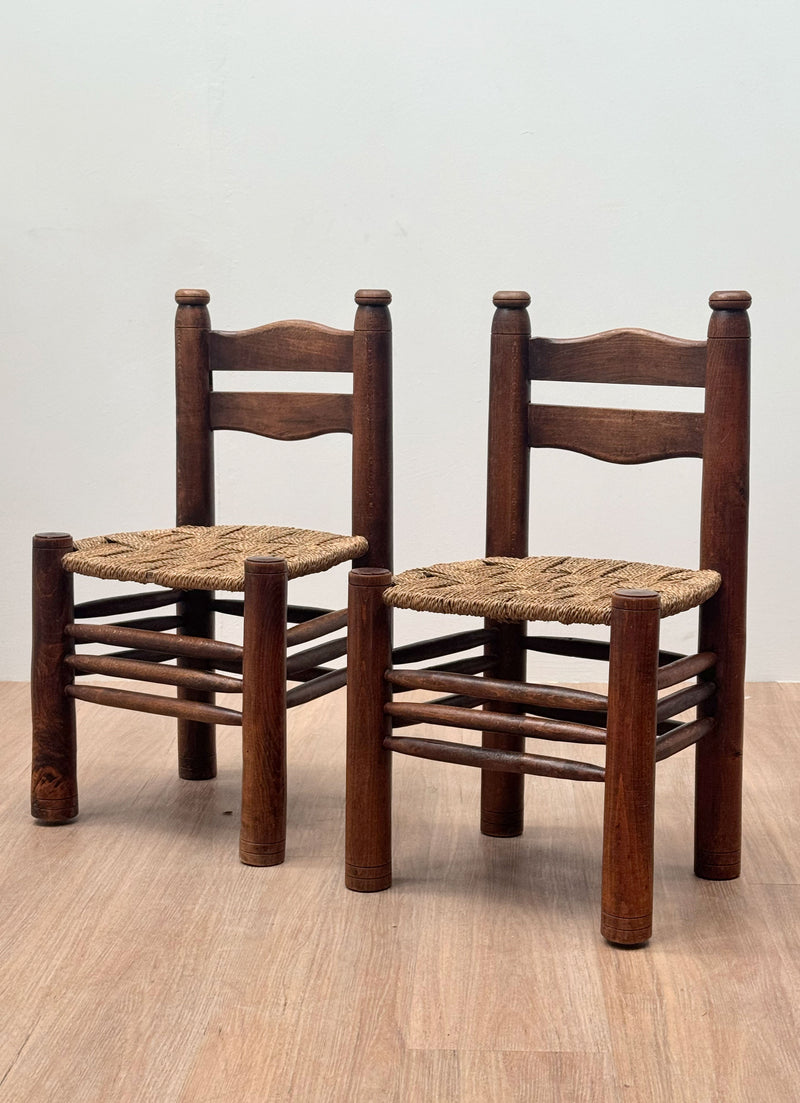 Charles Dudouyt Carved Oak & Rush Chair, France 1940's