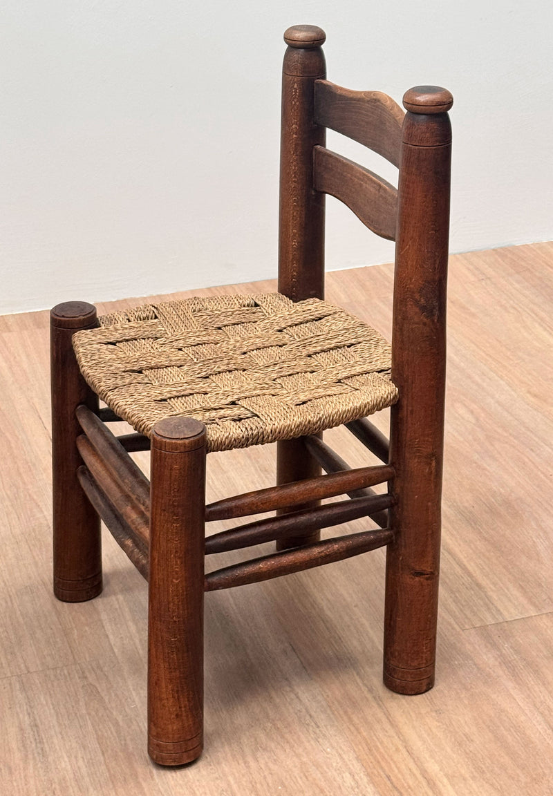 Charles Dudouyt Carved Oak & Rush Chair, France 1940's