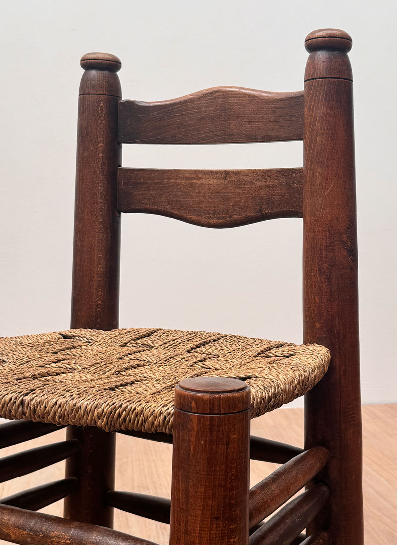 Charles Dudouyt Carved Oak & Rush Chair, France 1940's