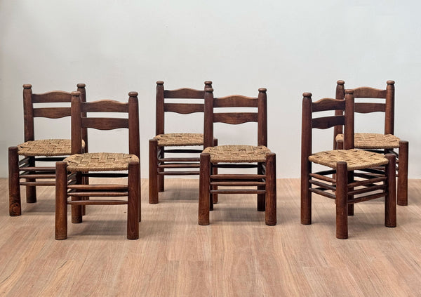 Charles Dudouyt Carved Oak & Rush Chair, France 1940's