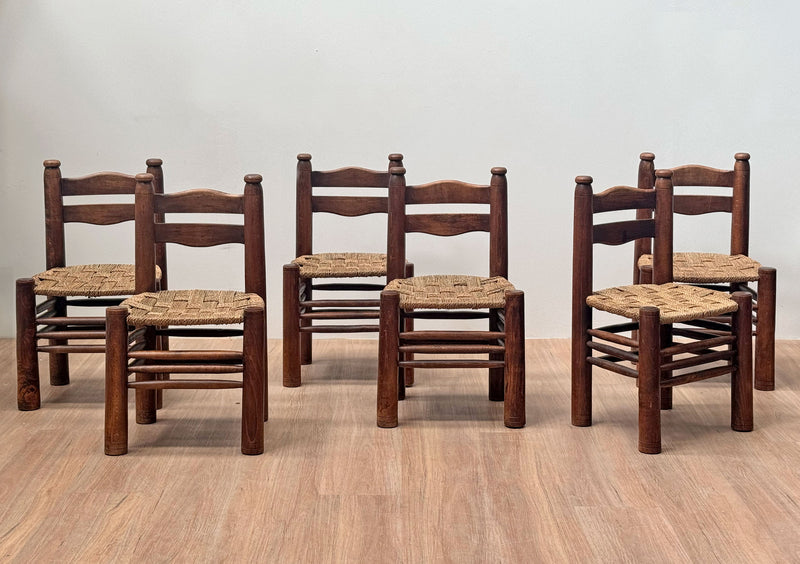 Charles Dudouyt Carved Oak & Rush Chair, France 1940's