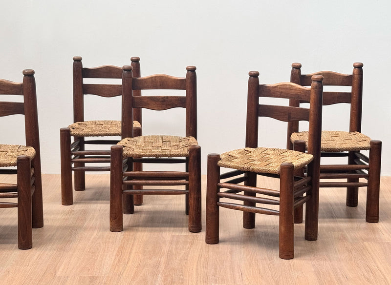 Charles Dudouyt Carved Oak & Rush Chair, France 1940's