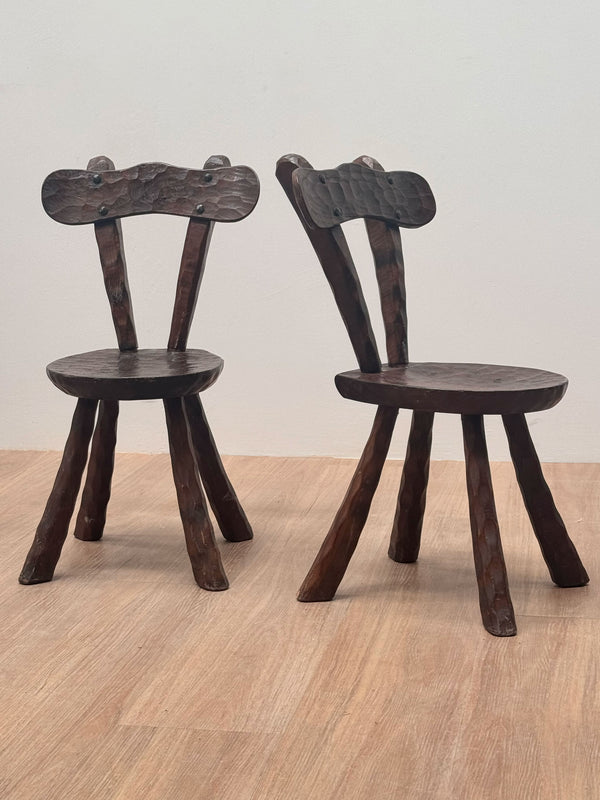 French Sculptural Brutalist Carved Oak Chairs, 1960s