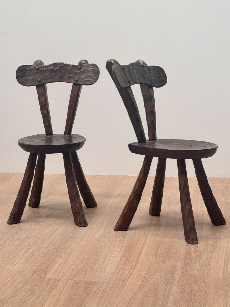 French Sculptural Brutalist Carved Oak Chairs, 1960s