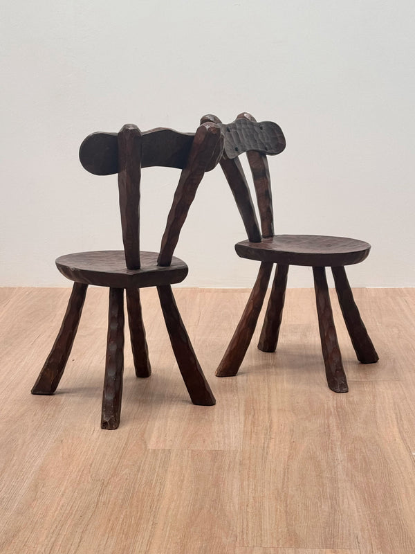 French Sculptural Brutalist Carved Oak Chairs, 1960s