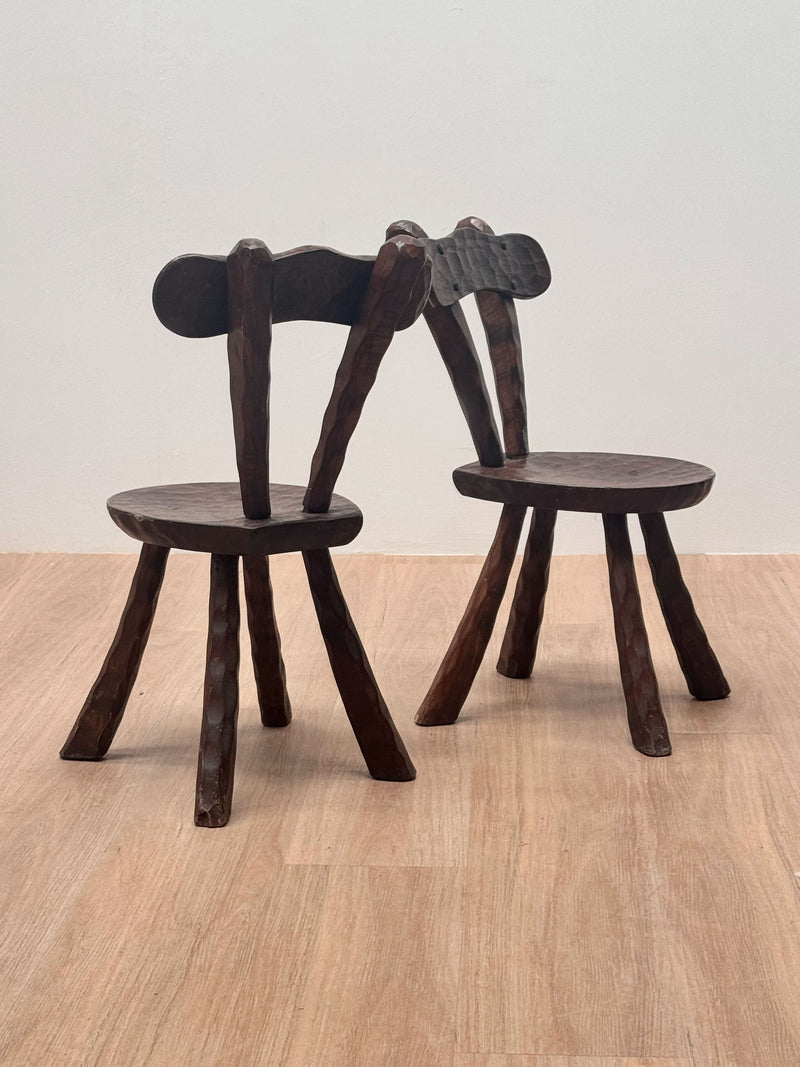 French Sculptural Brutalist Carved Oak Chairs, 1960s