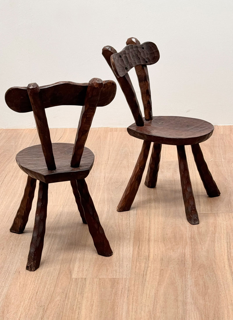French Sculptural Brutalist Carved Oak Chairs, 1960s