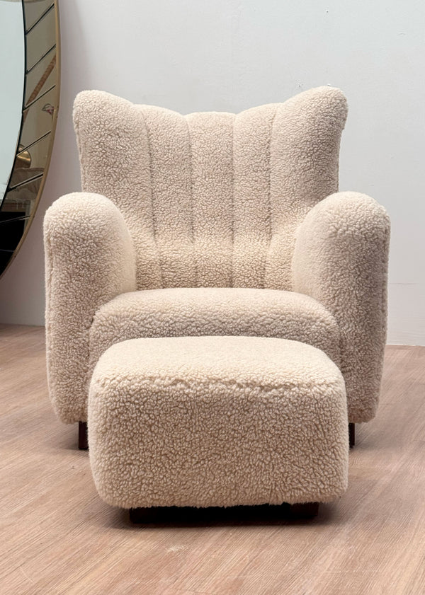 Lambswool Camel Armchair with Ottoman, Danish 1940's