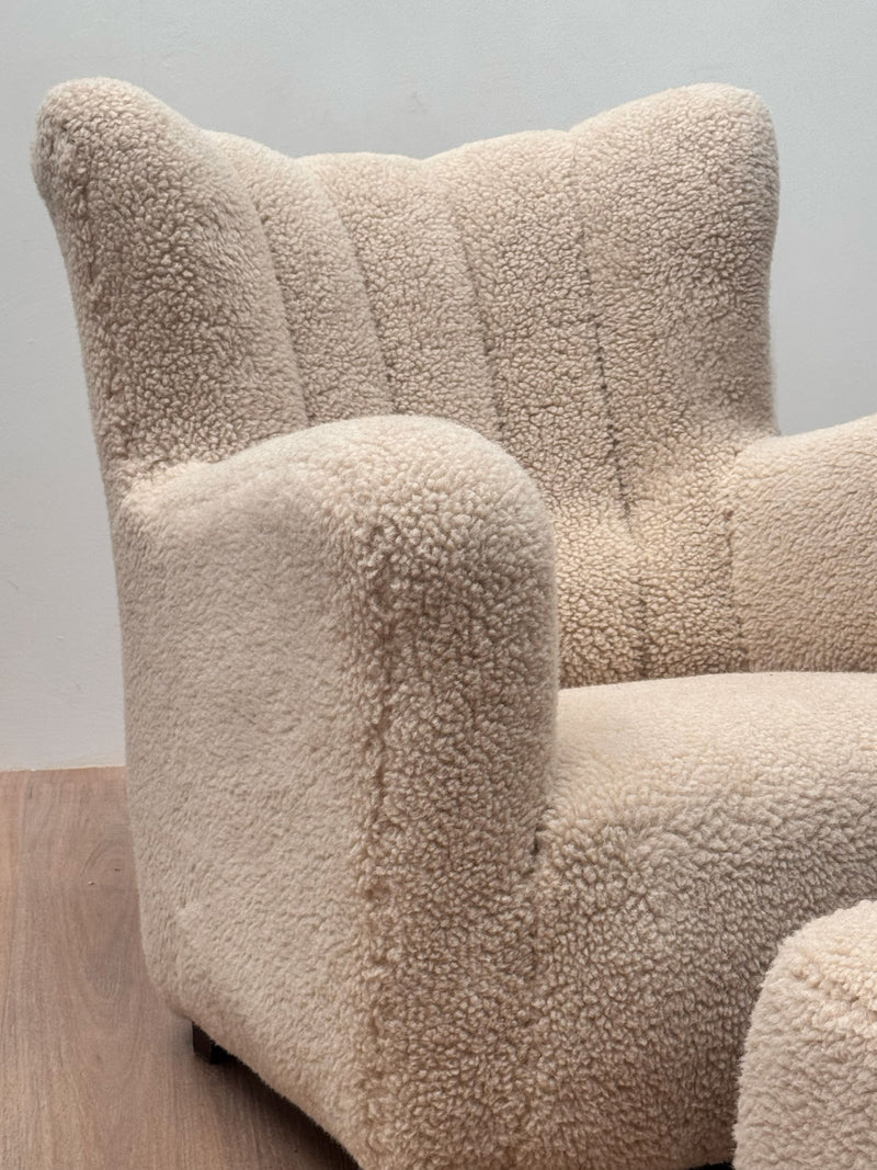 Lambswool Camel Armchair with Ottoman, Danish 1940's