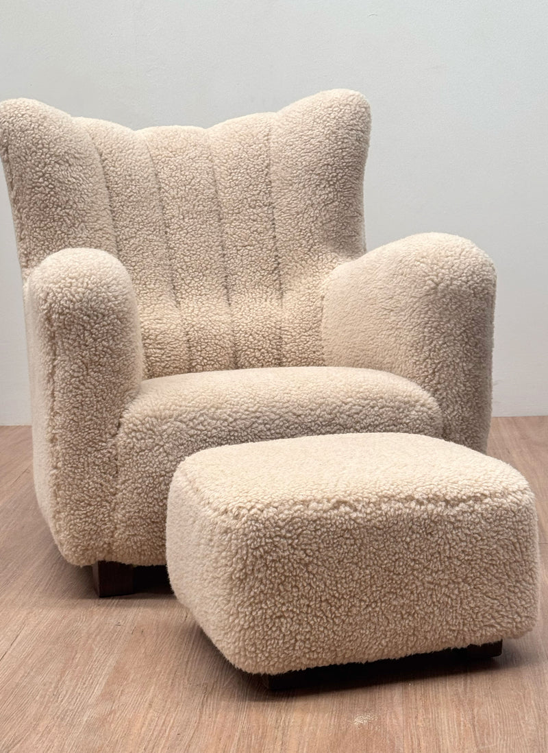 Lambswool Camel Armchair with Ottoman, Danish 1940's
