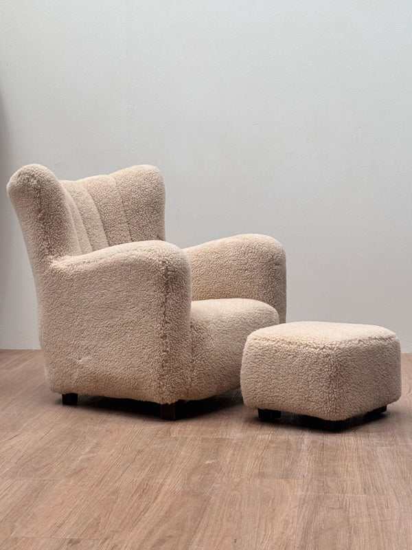 Lambswool Camel Armchair with Ottoman, Danish 1940's