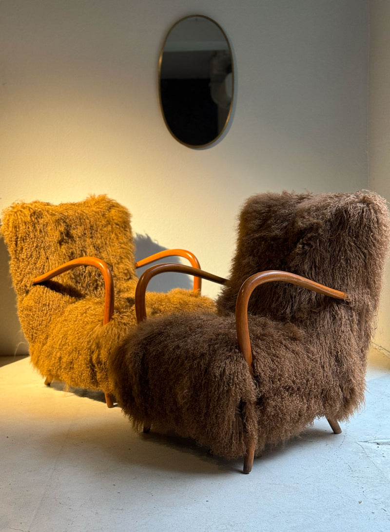 Tan Tibetan Fur Italian armchairs, 1950's