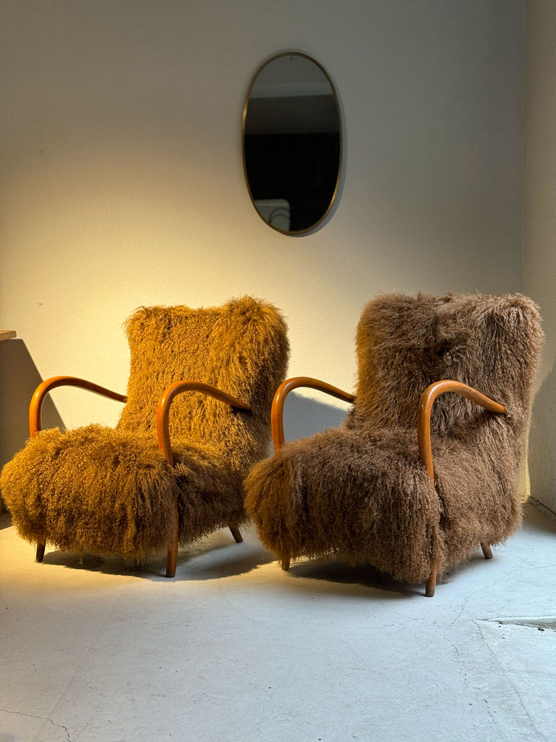 Tan Tibetan Fur Italian armchairs, 1950's