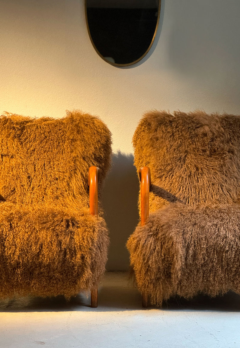 Tan Tibetan Fur Italian armchairs, 1950's