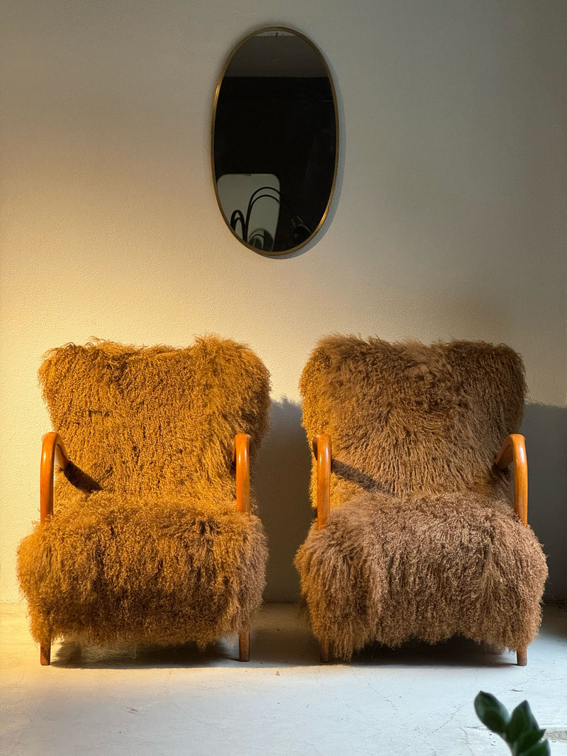 Tan Tibetan Fur Italian armchairs, 1950's