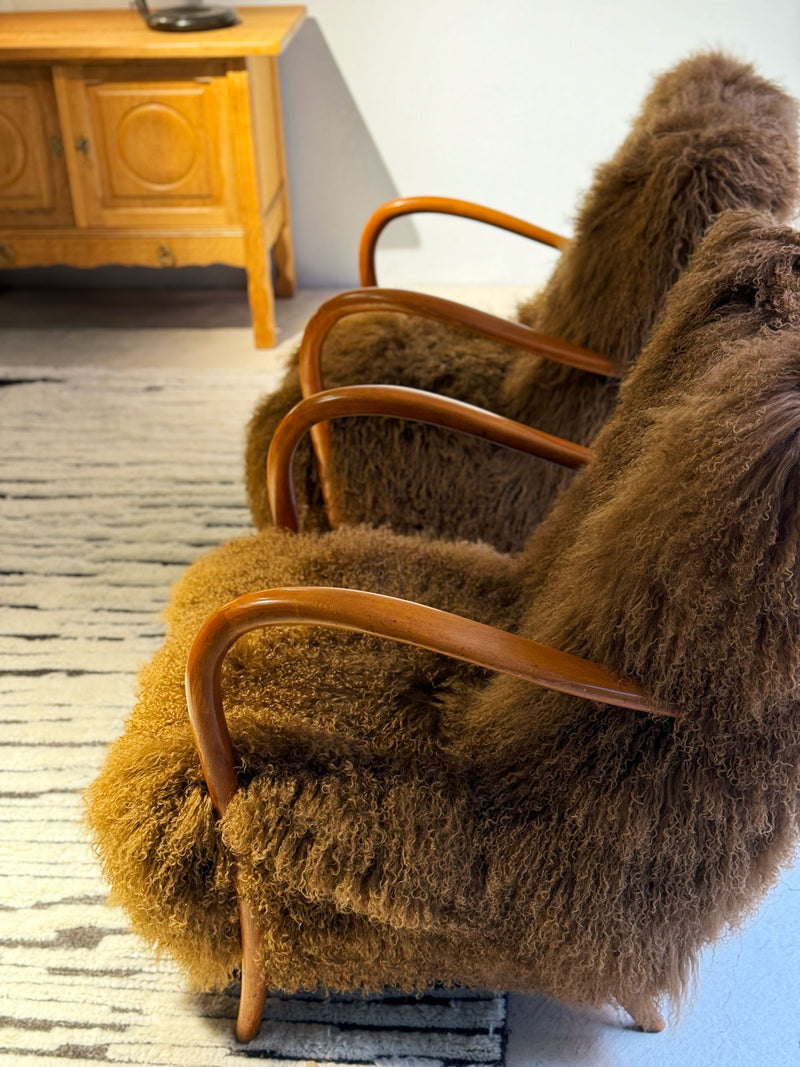 Tan Tibetan Fur Italian armchairs, 1950's