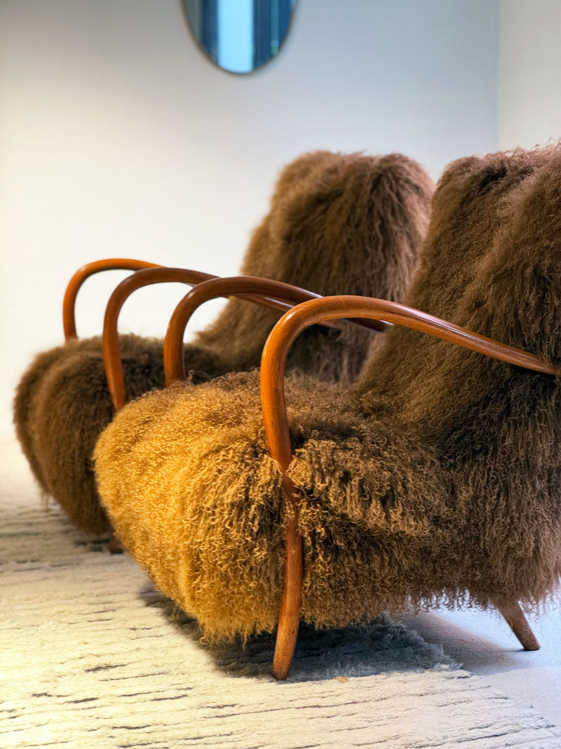 Tan Tibetan Fur Italian armchairs, 1950's