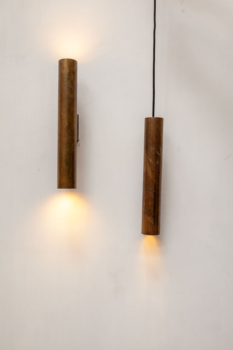 Patinated Brass Cylindrical Pendant & Sconce, Scandinavian 70's