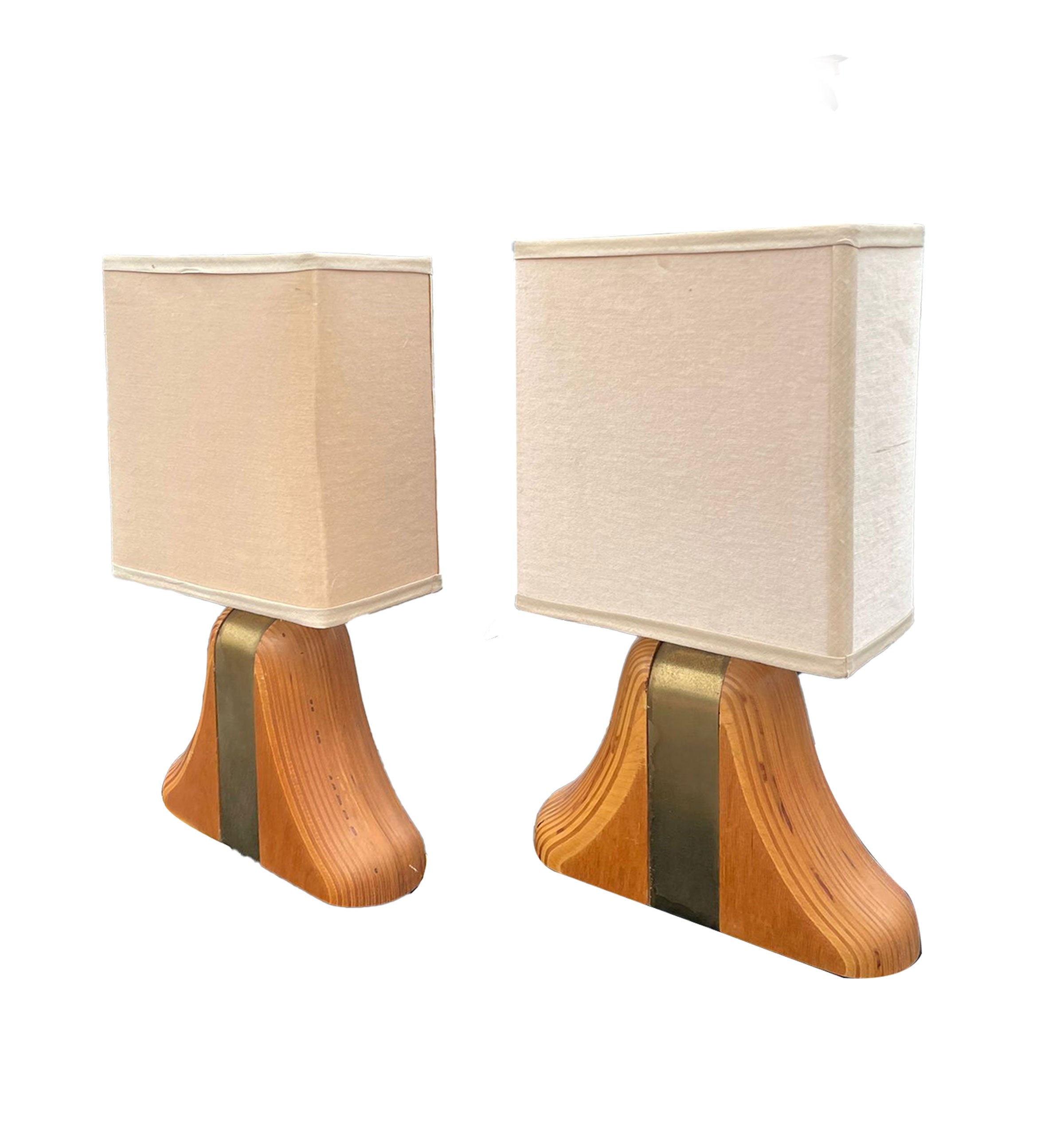 Pair of French Modernist Timber & Brass Table Lamps, 1970's