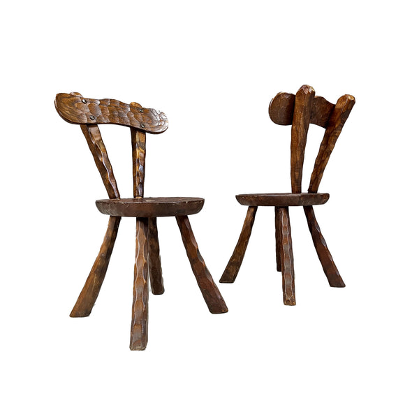 French Sculptural Brutalist Carved Oak Chairs, 1960s